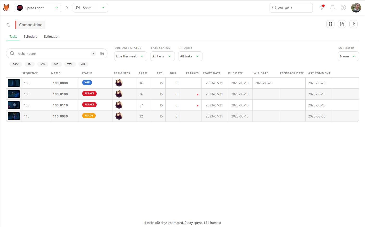 Task Type Artist Filtered